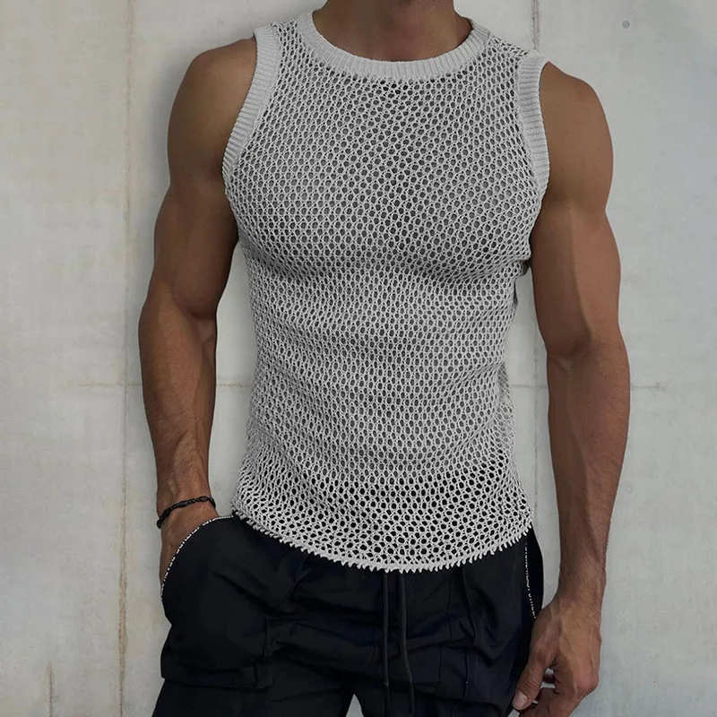 Men's Sleeveless Sweater 2023 Summer New Solid Color Round Neck Sleeveless Hollow Knit Vest