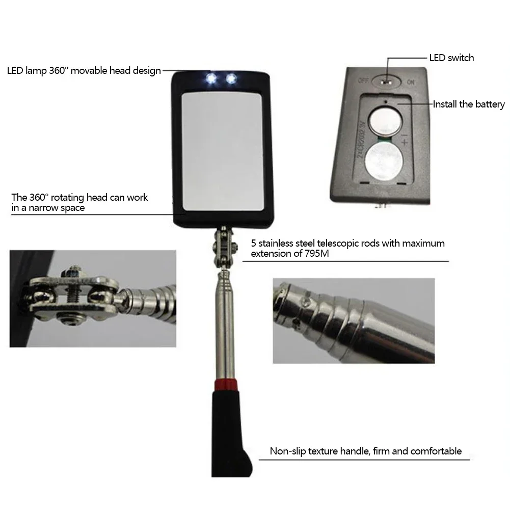 360° Inspection Mirror LED Light Telescoping Mirrors Extend Mechanic Tools Inspection Mirror Telescopic Handle Repairing Tools 4