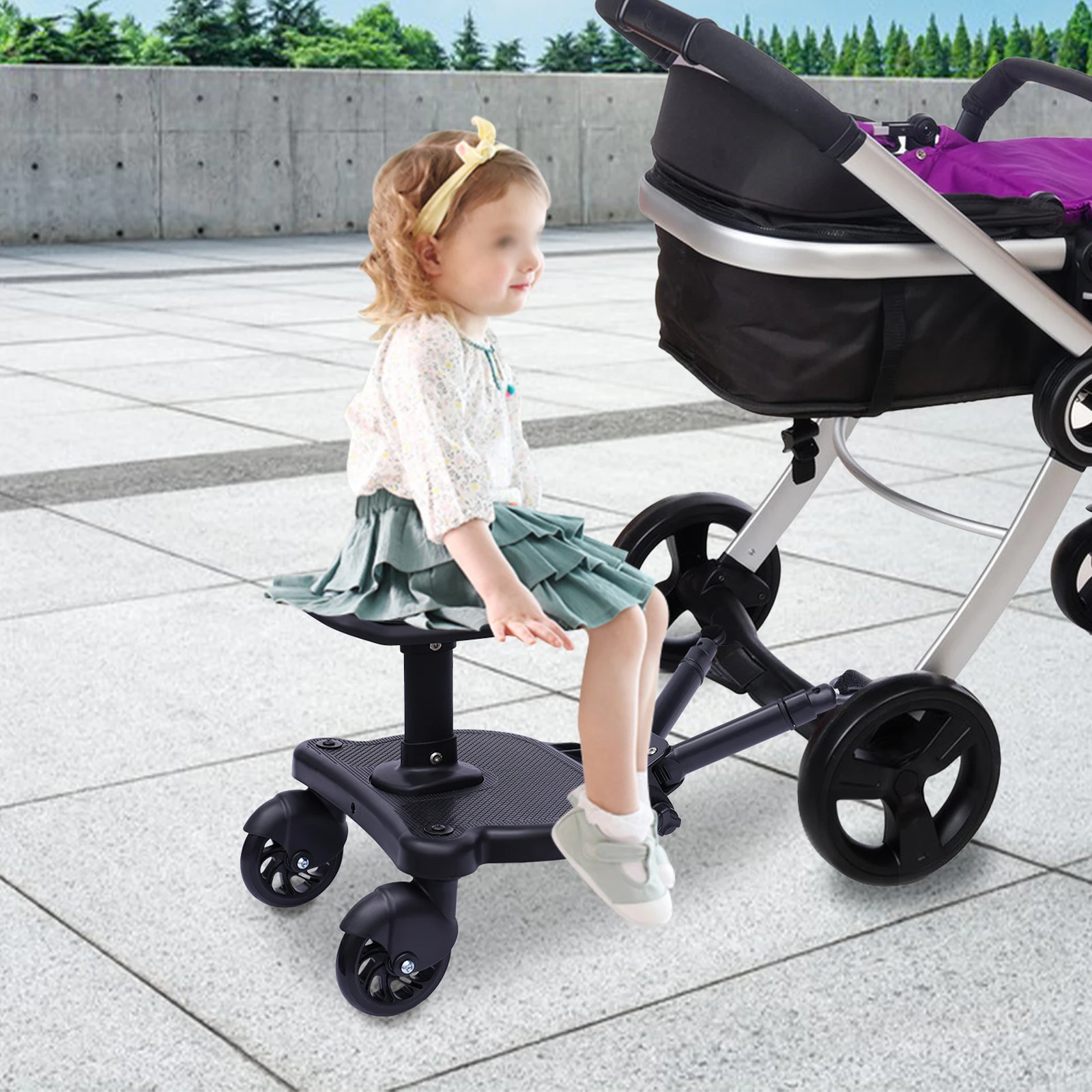 

Universal Baby Stroller Ride Board w/Detachable Seat 2 in 1 Stroller Glider Board Wheeled Ride Board Seat Pedal