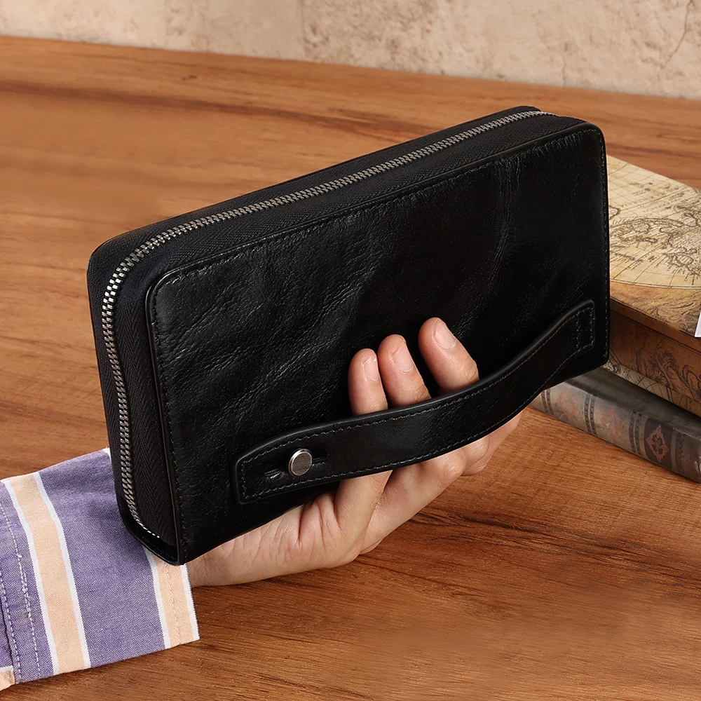 Genuine Leather Handheld Bag for Men's Business RFID Plant Tanned Leather Trendy Retro Wallet Fashion