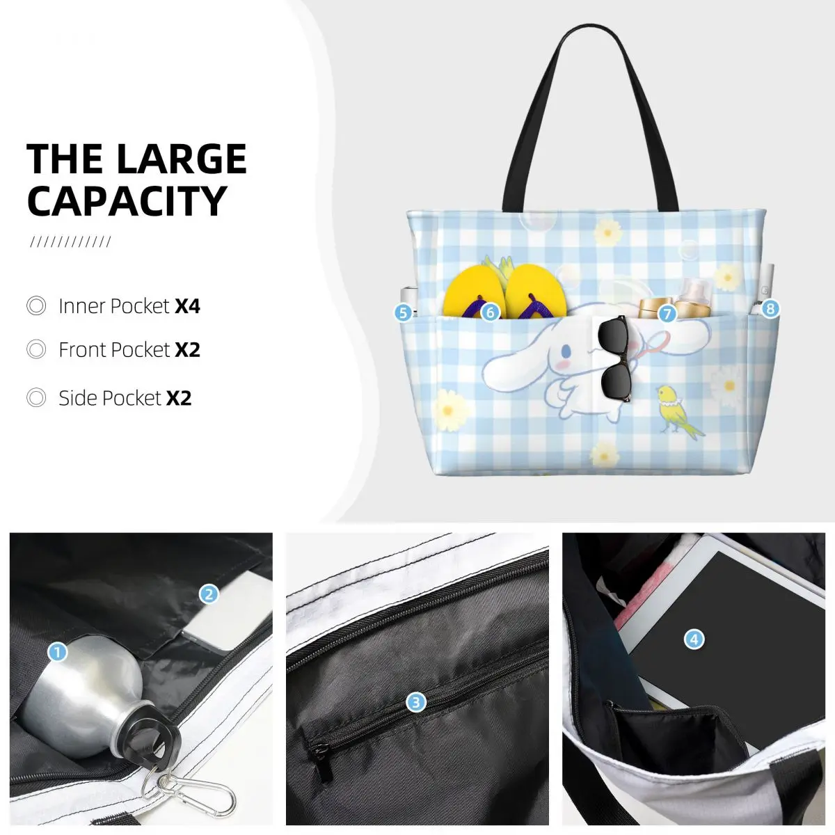 Waterproof Sanrio Cinnamoroll Beach Tote Pool Bags for Women Ladies Extra Large Gym Tote Carry On Bag for Vocation Travel 4