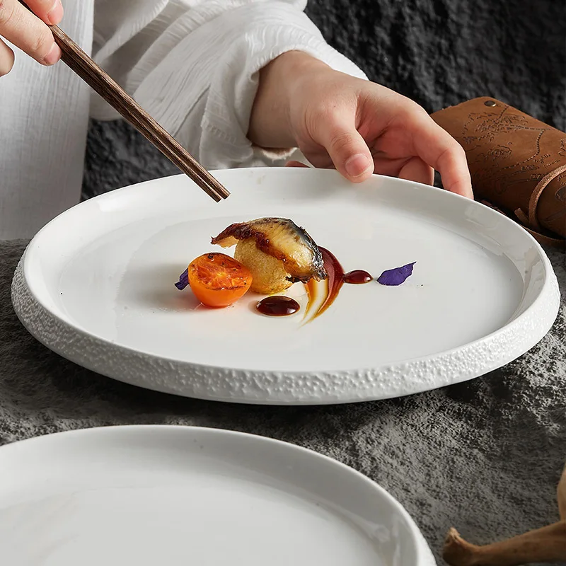 

White Porcelain Featured Hotel Tableware Stone Pattern Edge Creative Household Ceramics Artistic Cuisine Steak Western Plate