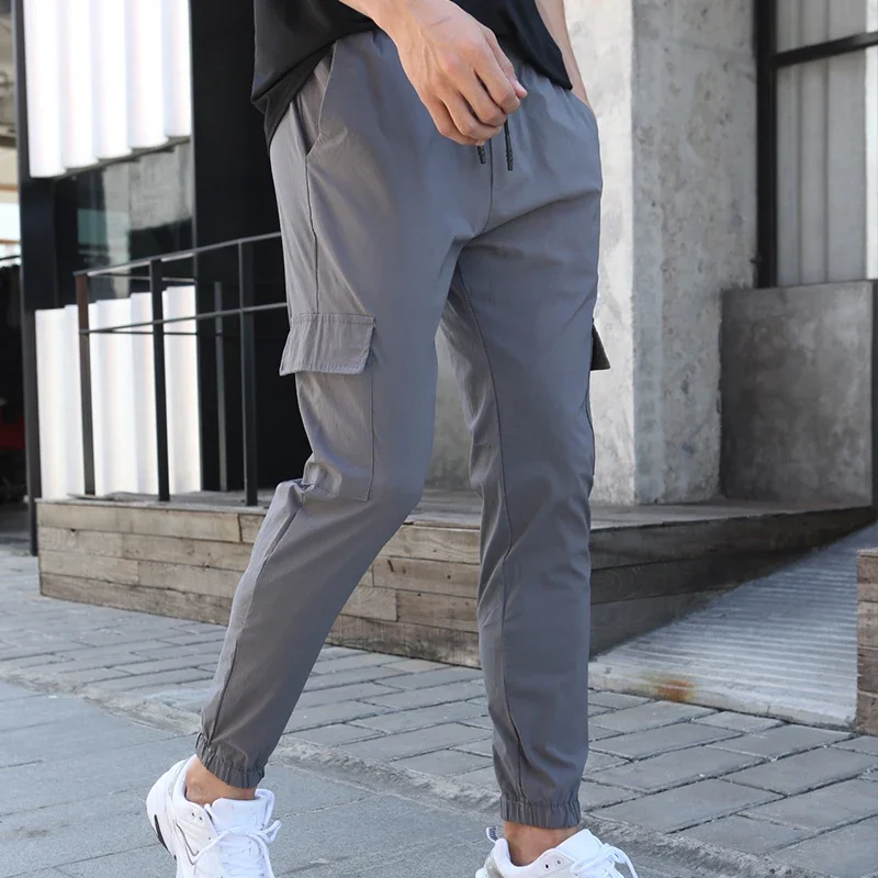 Men's Casual Sports Trousers Quick-drying Ice Silk Leggings with Pockets Gym Muscle Training Stretch Sweatpants Climbing Pants