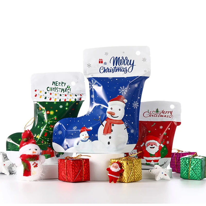 

6pcs Christmas Socks Gift Bag Christmas Tree Aluminum Foil Packaging Bag Santa Claus Candy Cookies Party Storage Hanging Pouches