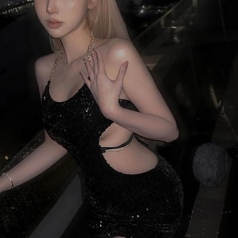 Summer Dress Women Sexy Shine Sequin Sleeveless Waist Cutout Metal Chain Halter Neck Dress 2000s Club Party Dresses