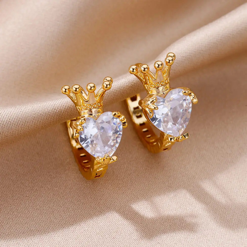 Fashion Stainless Steel Zircon Crown Heart Stud Earrings for Women