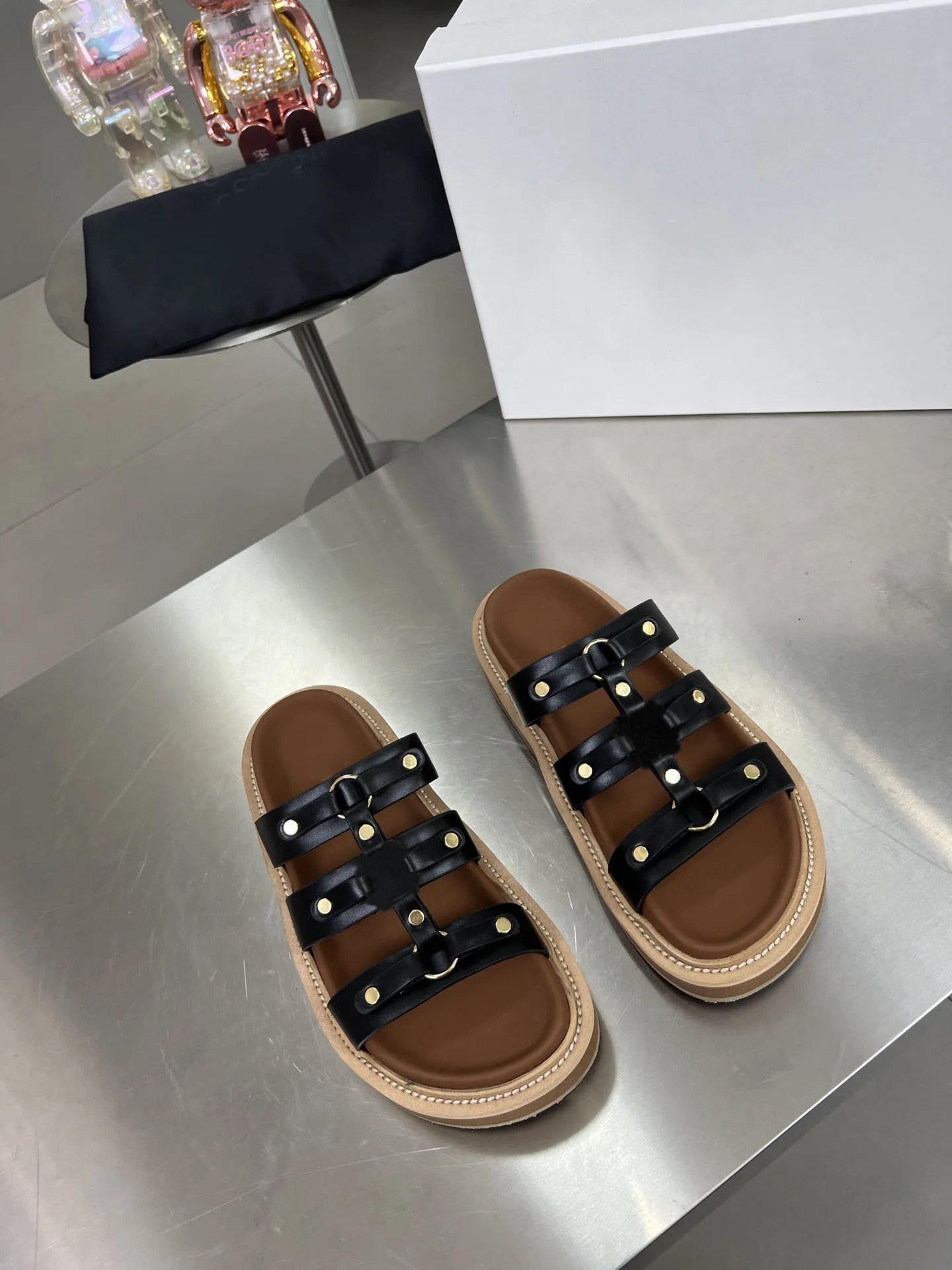 Leather Colorblock Pattern Sandals Tippi Slides Calfskin