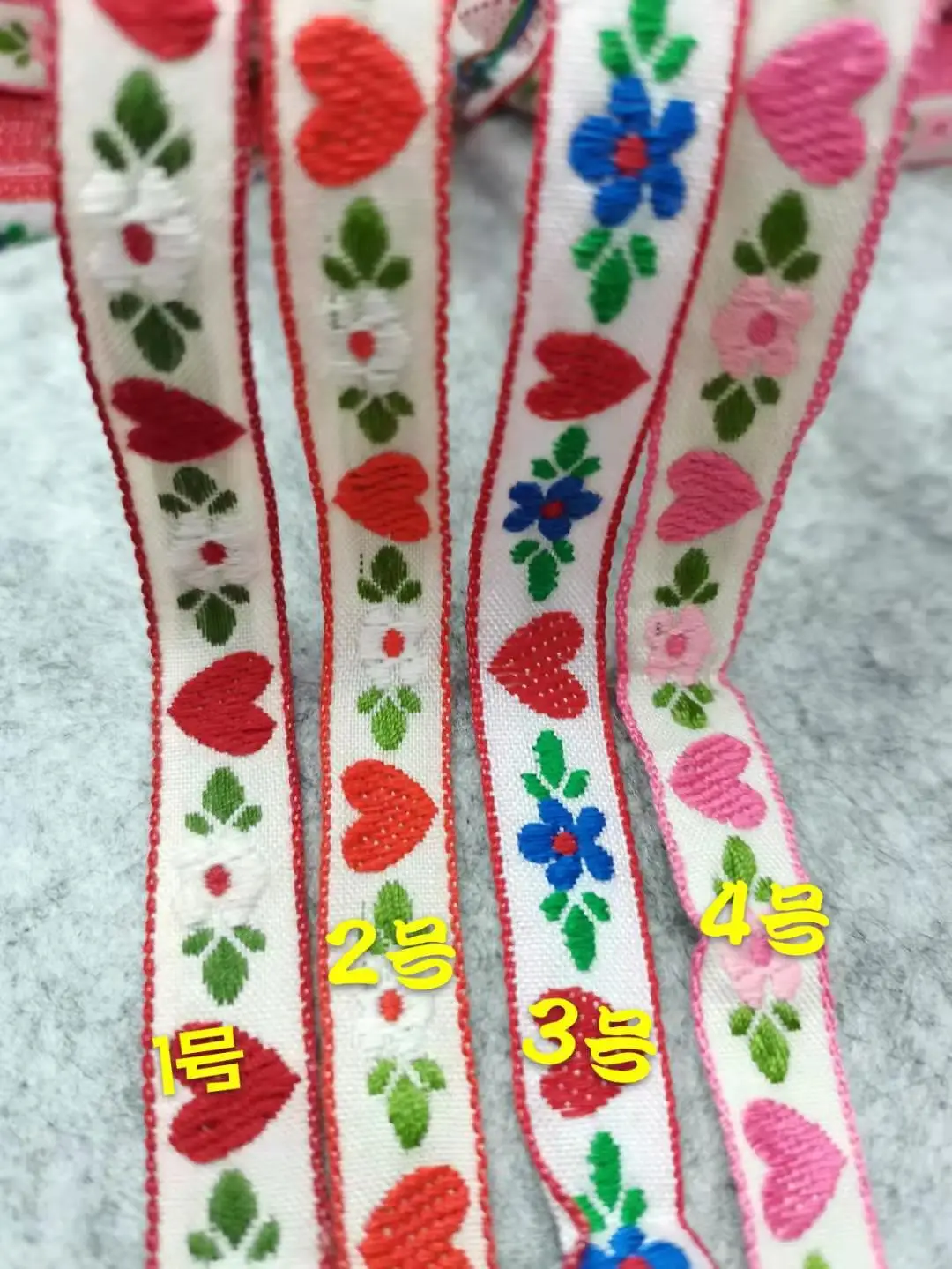 자수 자카드 레이스 리본, 전국 하트 모양 리본, DIY 목가적인 리본, 섬유 의류 액세서리, 너비 1.2cm, 20 야드