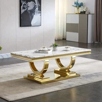 Marble Top Coffee Table, Rectangular Living Room Table Marble Cocktail Table Mirrored Stainless Steel U-Base, Sofa Coffee Table 1