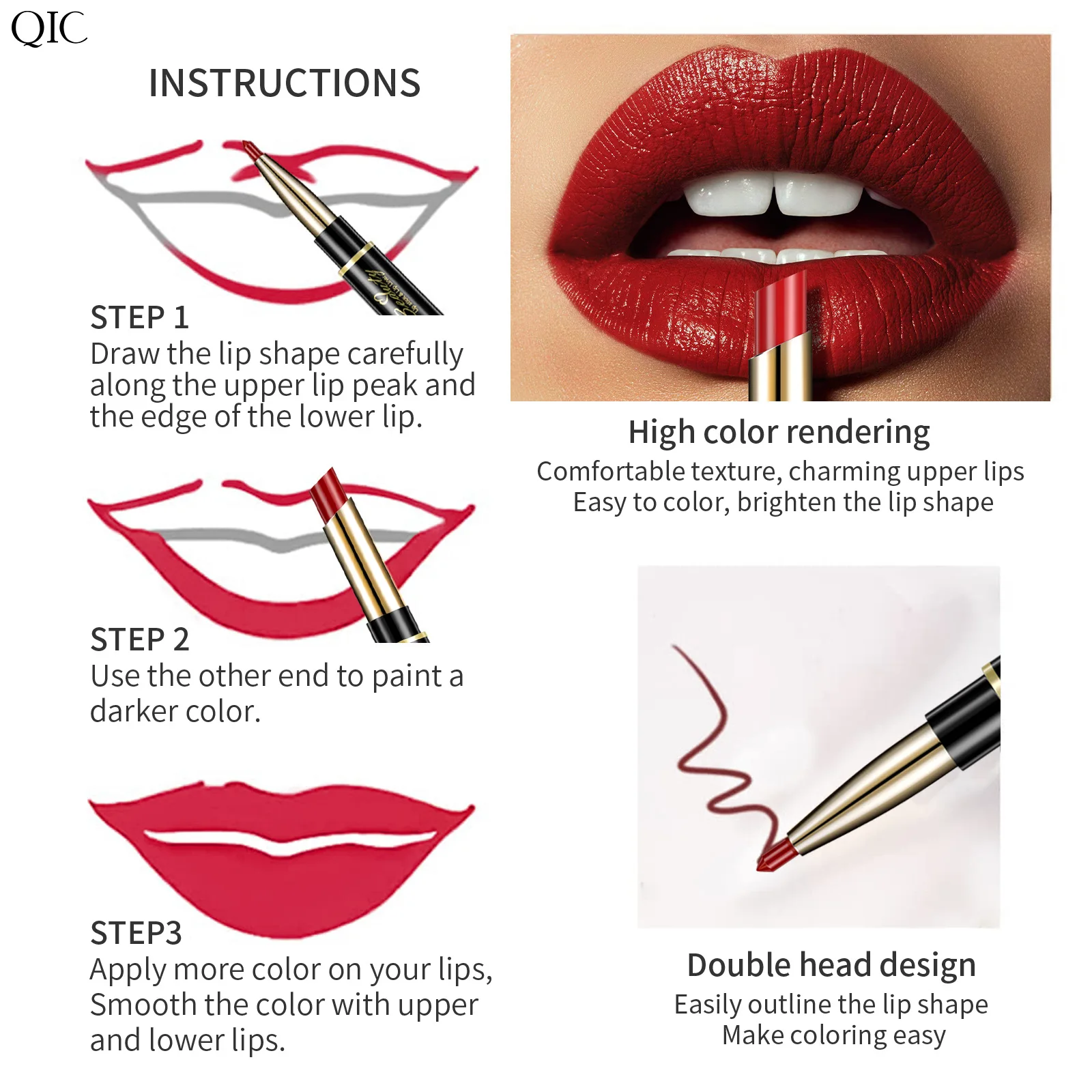 QIC double head lipstick pen waterproof not makeup makeup color two in one fine tube mouth Red lip line pen 3