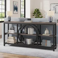 70.9 inch Sofa Console Table, Extra Long Narrow Entryway Tables with 3 Tier Wood Storage Shelves Metal Frame Black  Gray 1