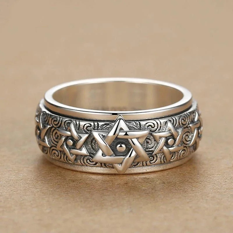 Silver ring Rotatable Silver Ring Men's Retro Creative Domineering Six-pointed Star Wide Version Thai Index Finger Closed Accessory