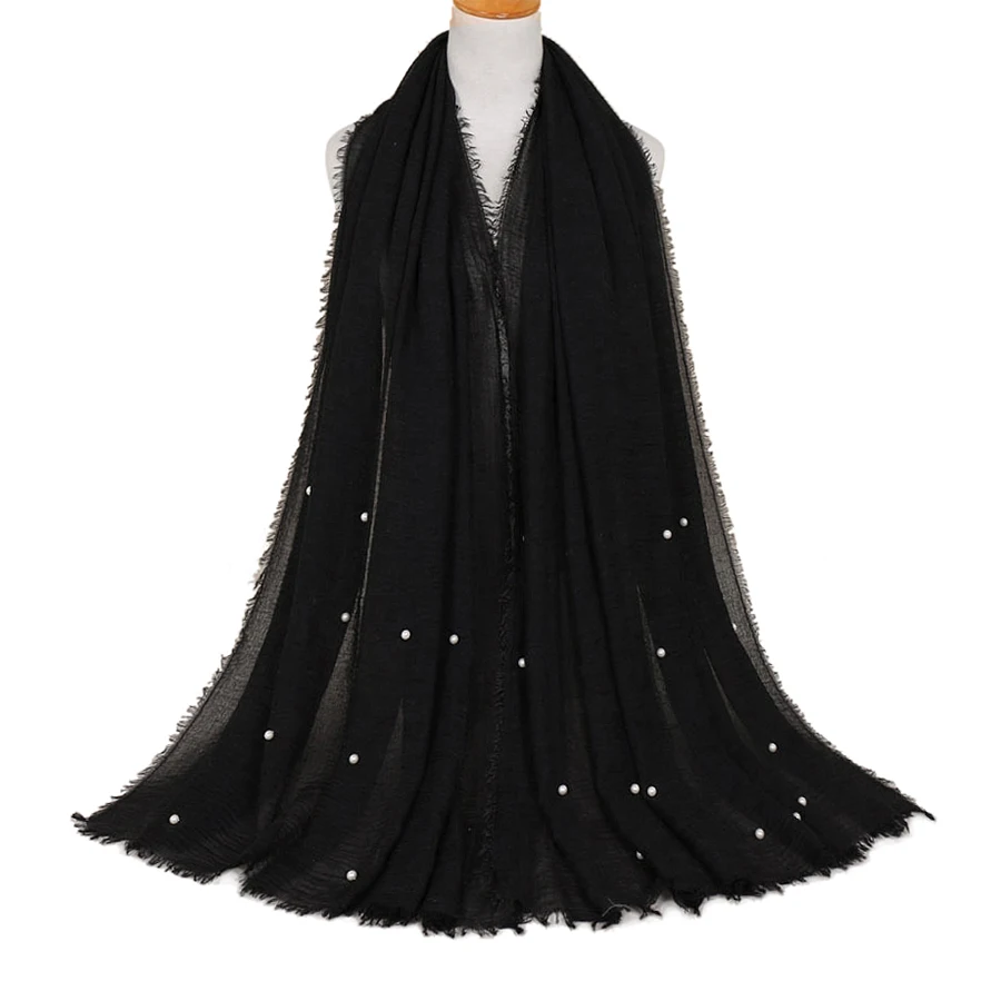 

Women Cotton Natural Fold Pearl Rivet Scarf Winter Warm Muffler High-quality Ladies Widen Shawl Versatile Kerchief Headscarf