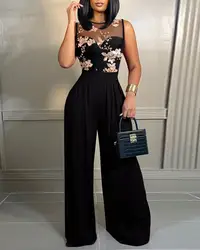 Spring Women's Jumpsuit 2023 Fashion Sexy Contrast Sequin Floral Pattern Round Neck Sleeveless Wide Leg Long Party Jumpsuit