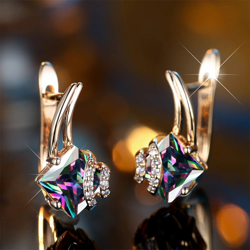 Multicolor Square Crystal Stone Geometric Hoop Earrings For Women Vintage Gold Color Ear Buckle Wedding Jewelry Engagement Gifts