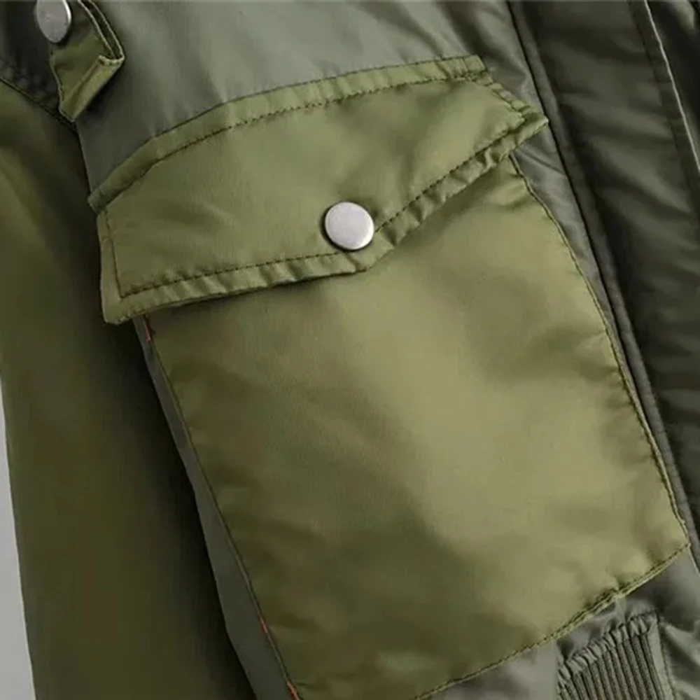 Women's Fashion Aviator Jacket Army Green Round Neck Long Sleeve Pockets Warm Jacket Autumn and Winter Women's Short Jacket Mallzona