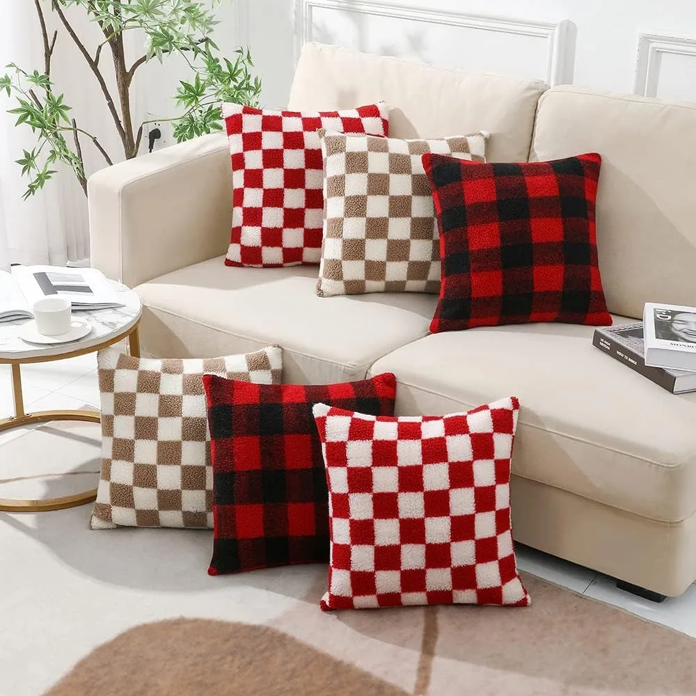 Black Faux Fur Wool Throw Pillow Cover Checked Cushion Cover for Sofa Couch Living Room Polyester Lumbar Pillow Home Decoration 6