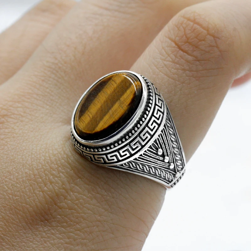 Tiger Eye Men's S925 Sterling Silver Ring Natural Gemstone Men's Ring Etniku Vintage Dehbijiet Tork għall-Irġiel u n-Nisa 5