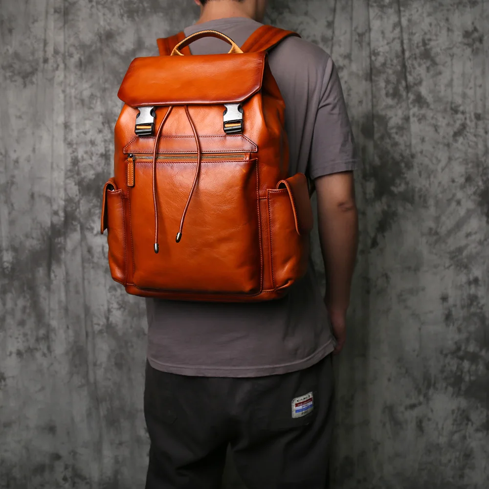 NZPJ Men's Genuine Leather Backpack Top-Grain Cowhide Flap Large Capacity Outdoor Travel Retro Casual Laptop Bag