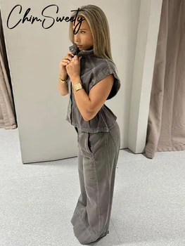 Casual Denim Vest Long Pant Set Women Sleeveless High Collar Button Tops Straight Loose Pants Suit 2026 Spring Lady Suits New 1
