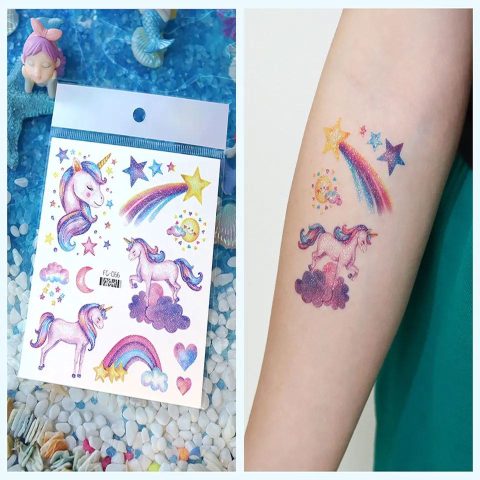12pcs Glitter Mermaid Unicorn Waterproof Temporary Tattoos Rainbow Flash  Cartoon Tattoo Body Fake Tattoo - AliExpress, image size:960x960