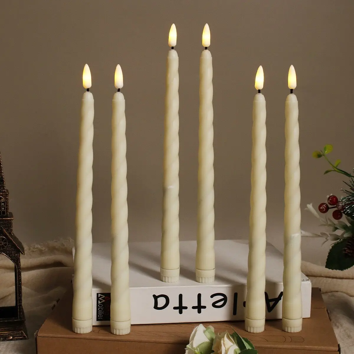 6 Pack 11 Inch 3D Flickering LED Taper Candle Light Battery Operated Spiral Candle Lamp for Table Decoration, 28cm