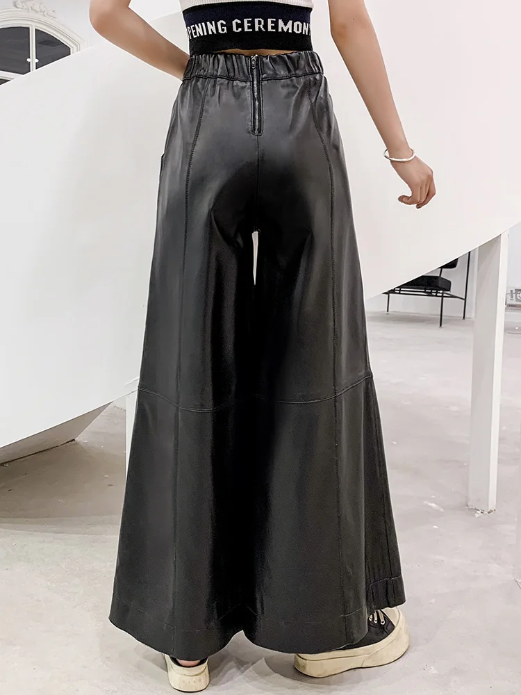 여성용 헐렁한 루즈핏 와이드 레그 팬츠, 캐주얼 빈티지 롱 팬츠, 봄 가을, 지퍼 하이웨이스트 양가죽, 가죽 바지