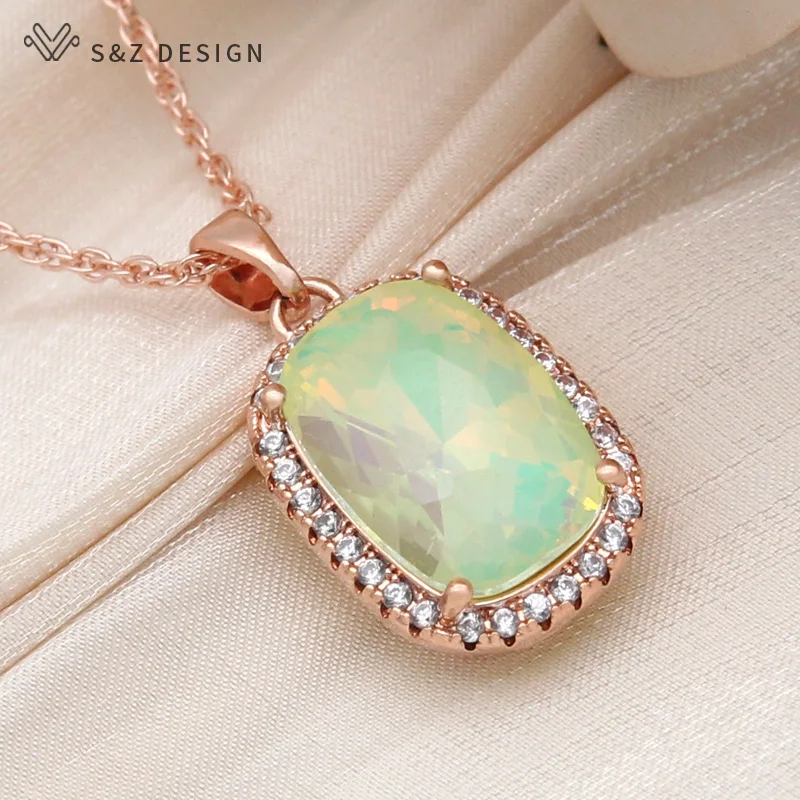 S&Z DESIGN New Fashion Elegant 585 Rose Gold Color Rectangle Crystal Pendant Necklace For Women Wedding Zirconia Jewelry