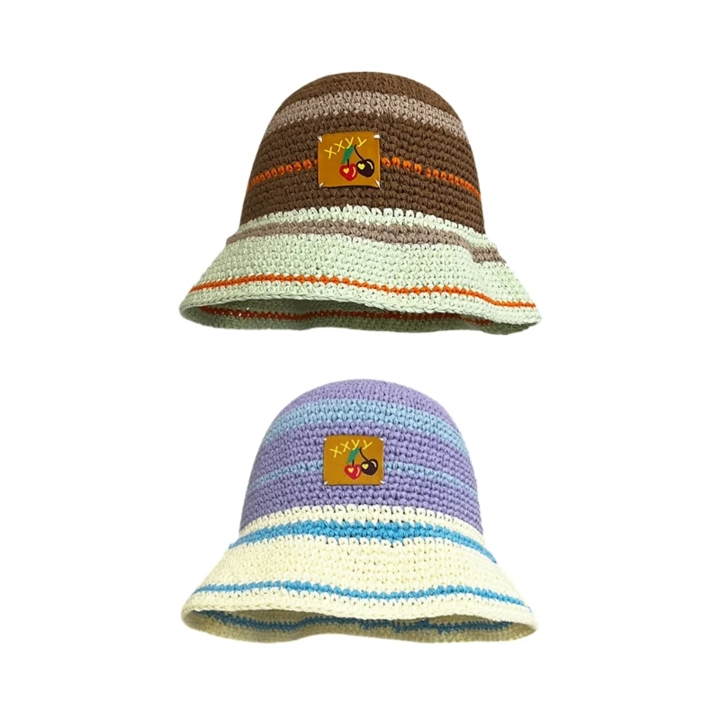 

M89E Crochet Wide Brim Bucket Hat with Cherry Pattern Patches Summer Bucket Hat Crochet Stripe Fisherman Hat for Adult Teens