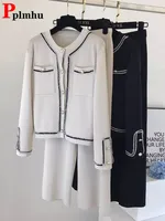 Women Knitted Sweater 2 Pieces Sets Korean Cropped Knitwear Cardigan Tops Conjuntos High Waist Ankle Length.jpg