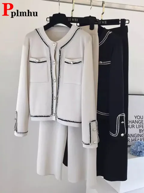 Women Knitted Sweater 2 Pieces Sets Korean Cropped Knitwear Cardigan Tops Conjuntos High Waist Ankle Length.jpg