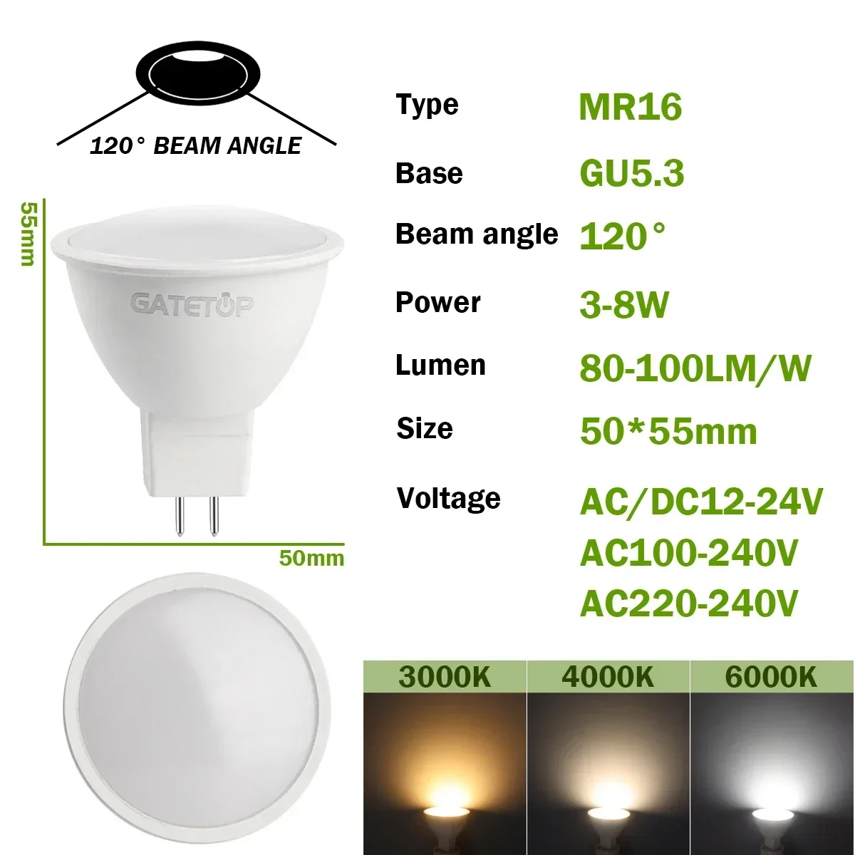 Description Picture 5 of item50PCS MR16 Lampada GU5.3 Base Bulb LED Spotlight AC110V 220V 12V Bombilla Spot Light Replace The 40W Halogen Lamp Home Derection