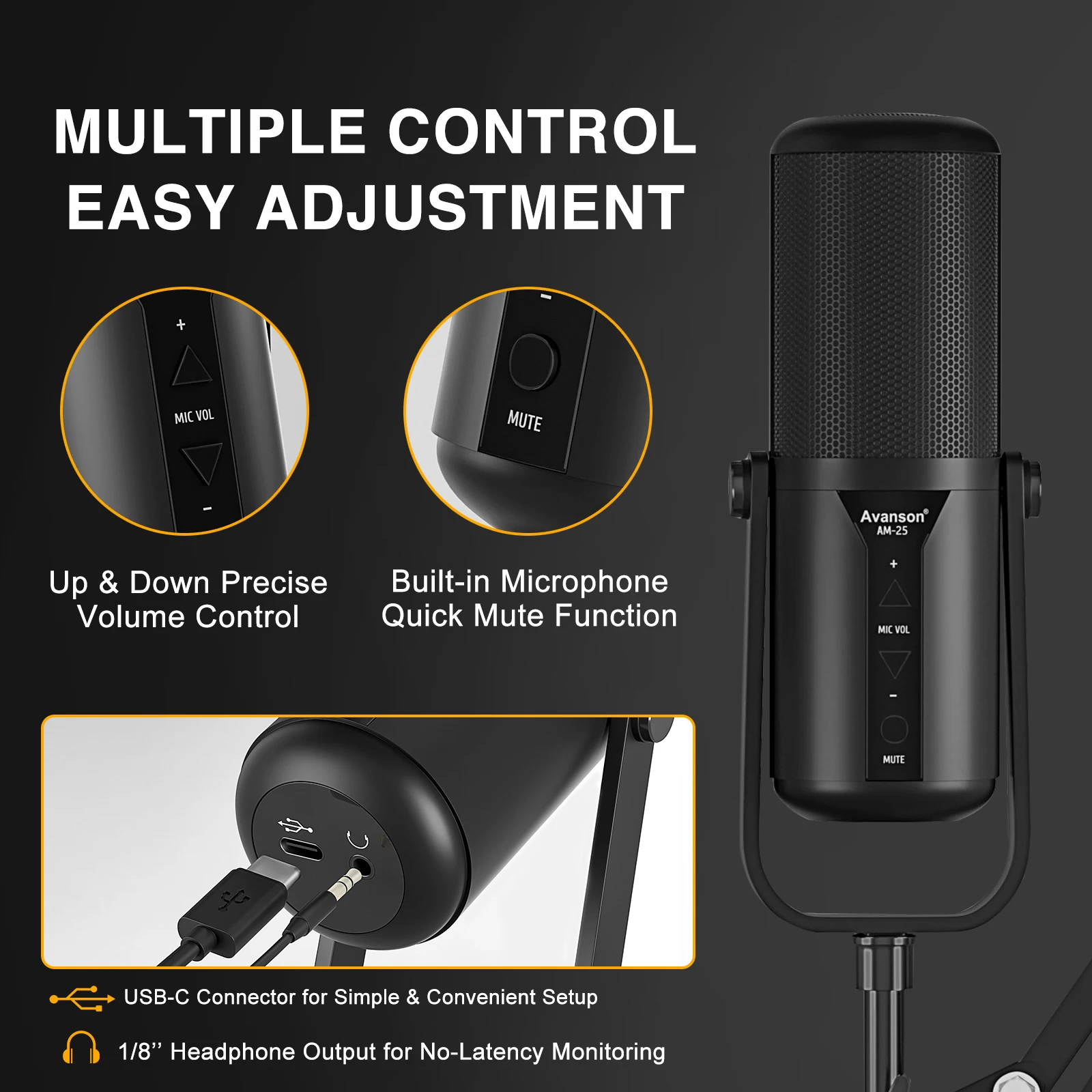 헤드폰 잭/음소거 USB 다이나믹 마이크, 녹음 스트리밍 게임용 마이크, PS4/PS5 Amplgame AM25