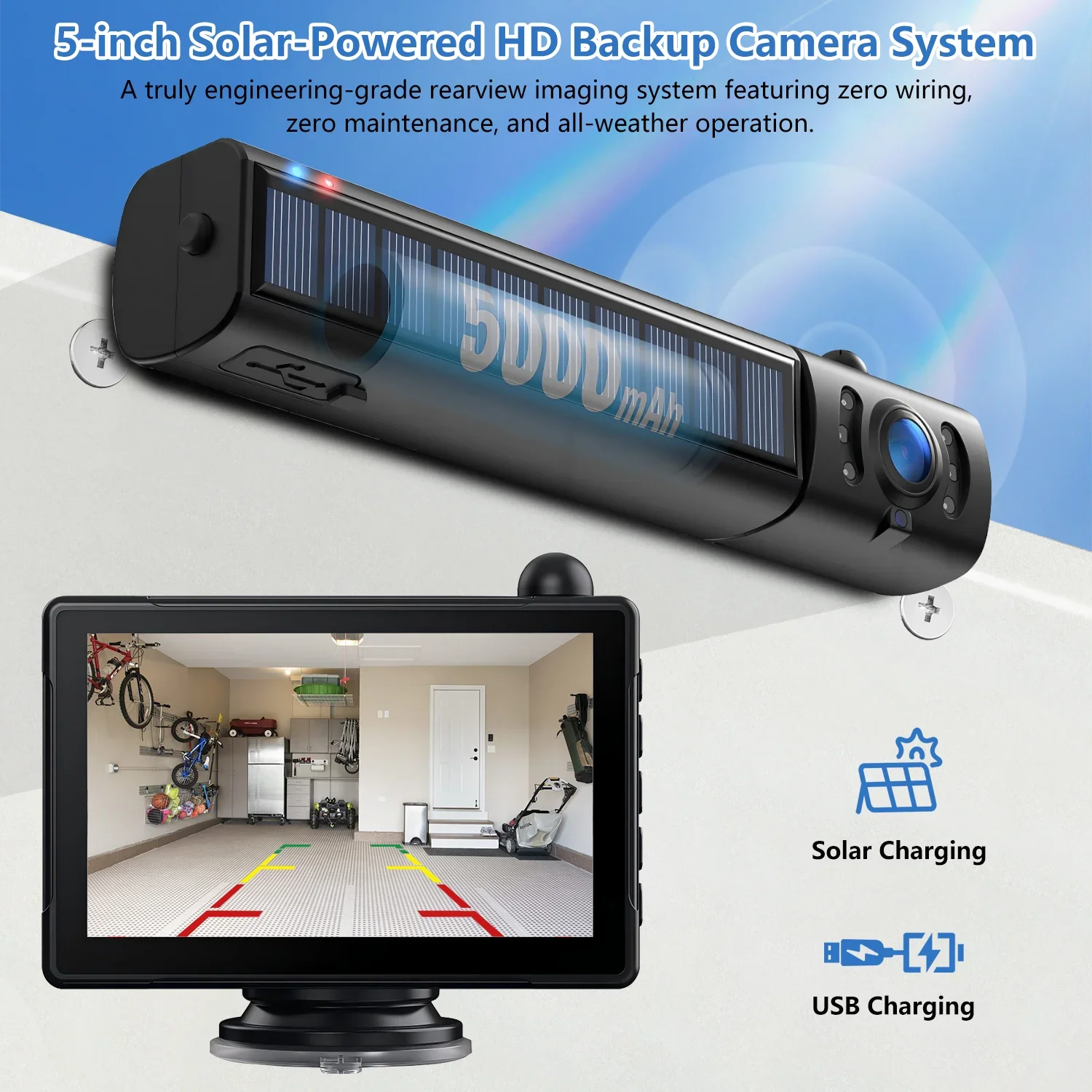 5인치 1080P HD 모니터, 5000mAh 배터리, IP69K 방수 기능을 갖춘 태양광 무선 백업 카메라 시스템, 차량용 3분 DIY 설치