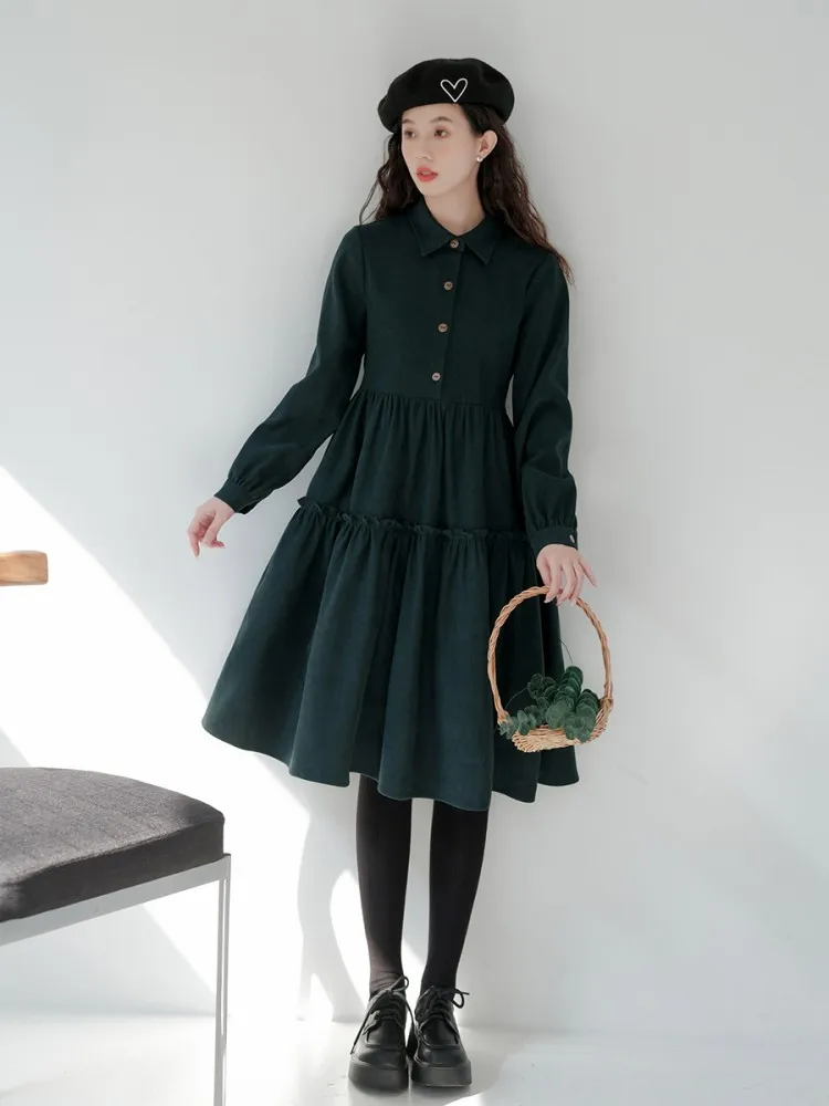 

Corduroy Dress Women's Autumn And Winter 2023 New French Retro Doll Girls Dress Long Sleeve Mori Girls Deep Green Black