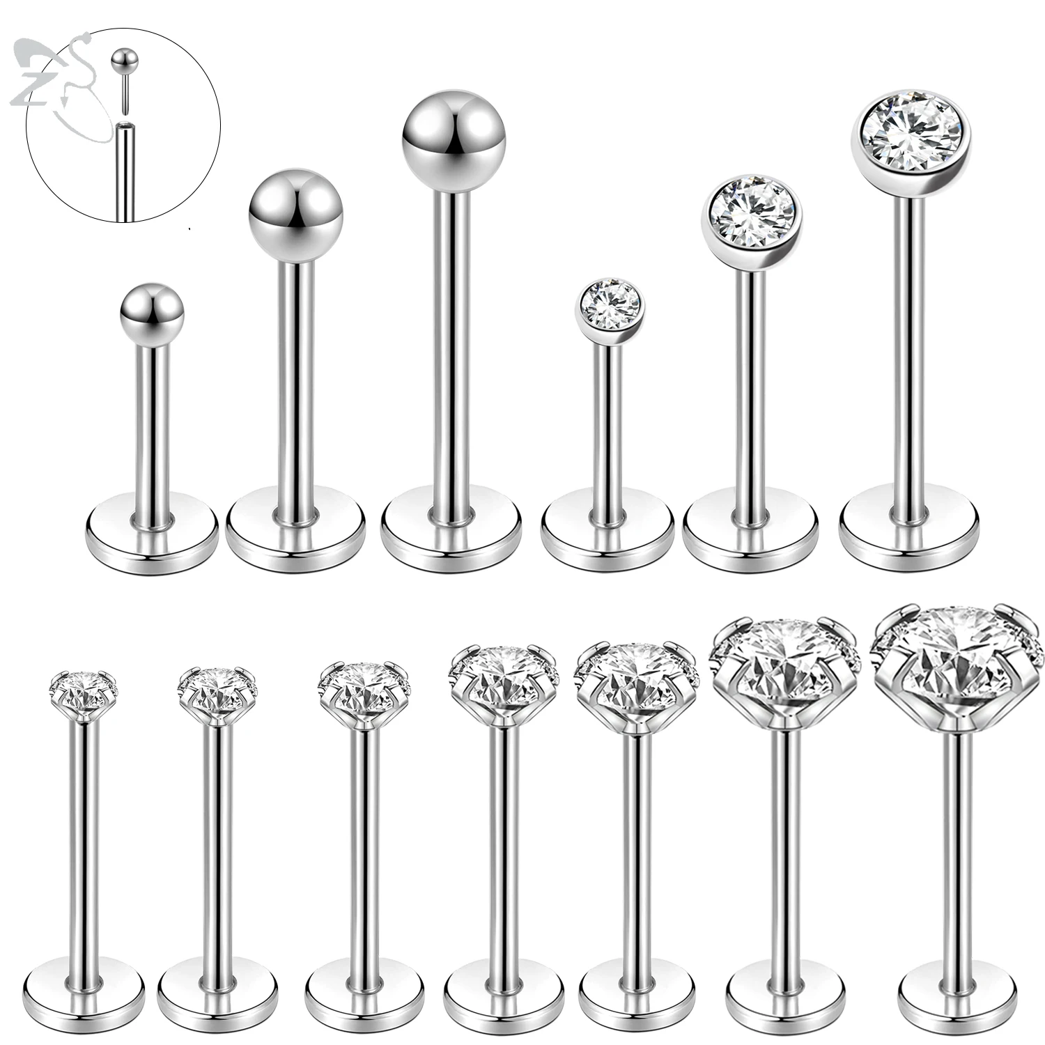 

ZS 10pcs/lot 16G-20G Stainless Steel Lip Stud Plug In Zircon Labret Piercing Cartilage Earring Ear Helix Tragus Medusa Piercing