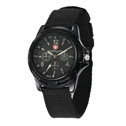 Men's Military - Inspired Sports Watch with Army Green Nylon Strap - Fashionable Analog Quartz Wristwatch (Black)