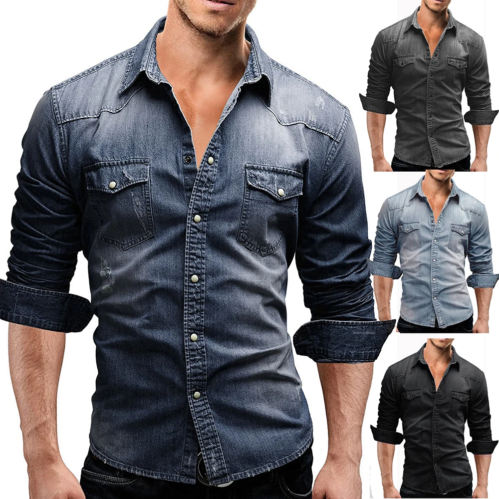 Men Autumn Denim Shirt Short Sleeve Soft Cotton Two Pockets Slim Slight Elastic Cowboy Shirt