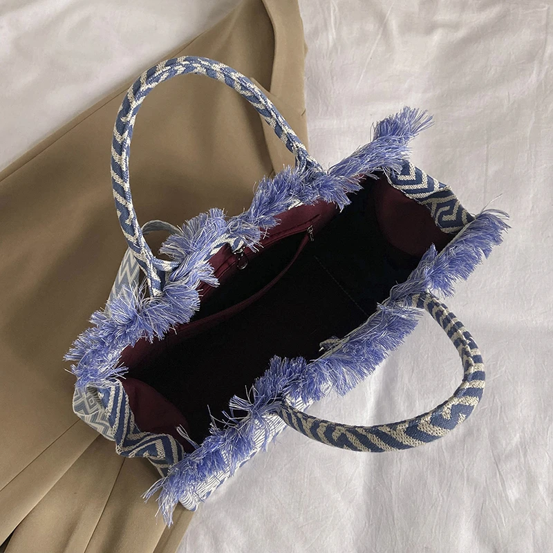 Große Kapazität Strand tasche für Frauen 2024 Mode Jacquard Stickerei Leinwand Umhängetasche Marke Designer Handtasche Einkaufstasche – Detail 8