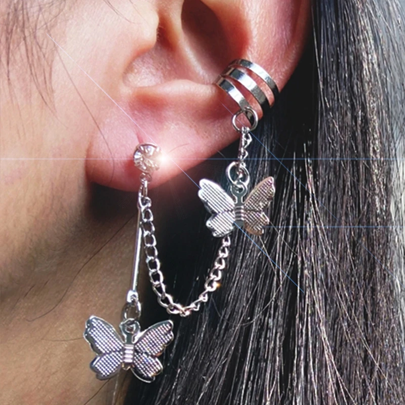 Trendy Aesthetic Butterfly Ear Cuff Clip Earrings for Women Vintage Silver  Color Hanging Chain Rhinestone Earring Brinco Jewelry|Clip Earrings| -  AliExpress