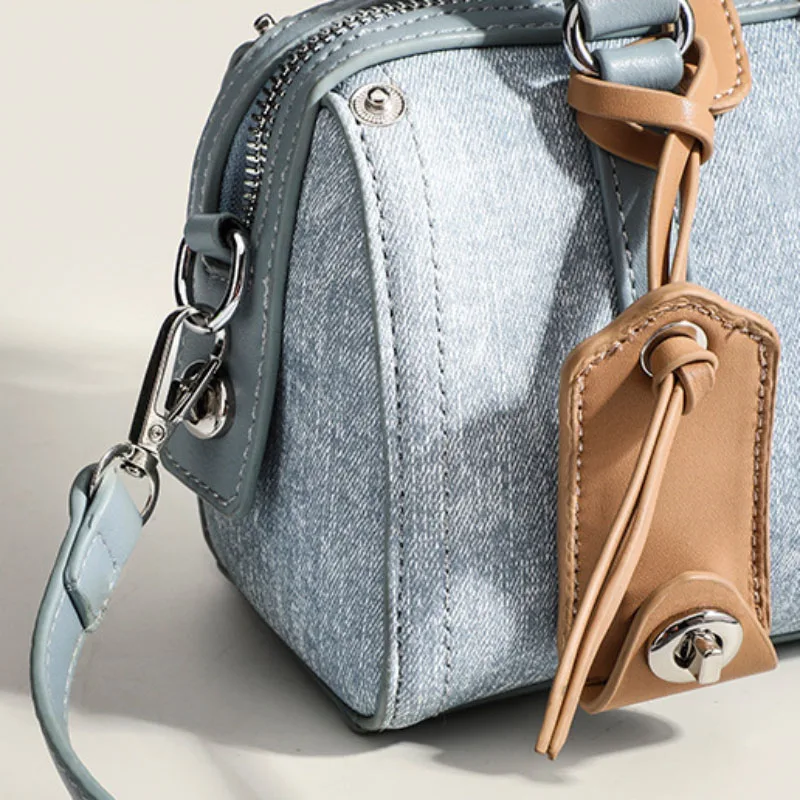Vintage Design Denim Blue Mini Boston Women'S Hand-Held Shoulder Bag Adjustable Shoulder Strap Crossbody Bag