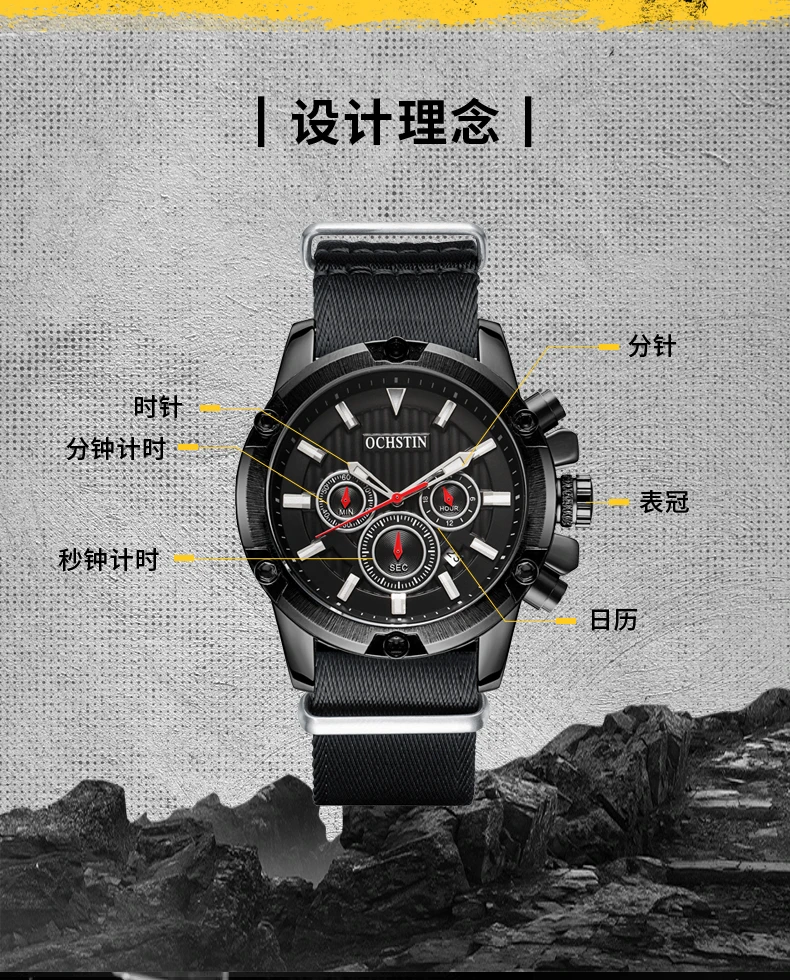 OCHSTIN Original Luxury Nylon Fashion Black Watch For Men Luminous Calendar Brazil Style Student Analog Wristwatch