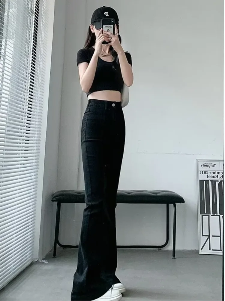 Winter trend dark washed pants, simple and thickened women's fashion natural waist micro flared pants, jeans, zipper