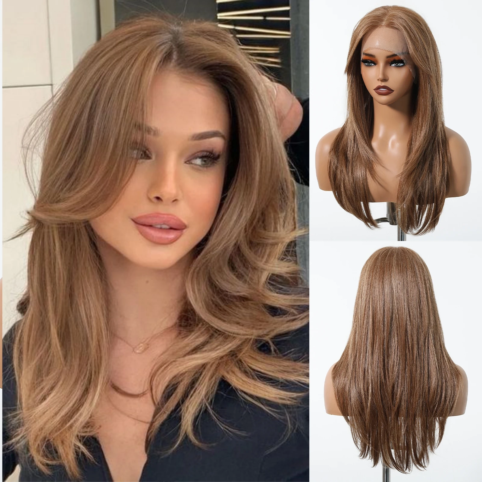 13* 6 Lace Front Synthetic Wig Layered Straight Light Brown Wig Hair for Women Natural Daily Party Use Heat Resistant Fiber