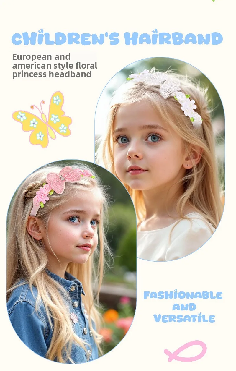 1 Stück Kinder-Schmetterlings-Stirnband, Spitzen-Blumen-Kopfschmuck für Mädchen, täglich/Party, niedlicher Haarschmuck, erhältlich in mehreren Farben – Detail 3