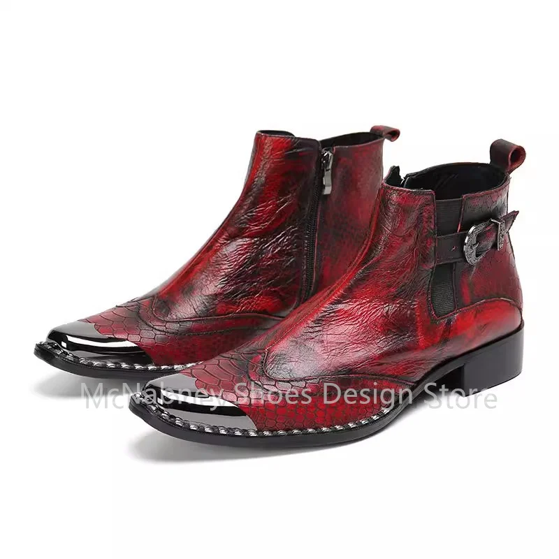 

Fashion Metal Square Toe Belt Buckle Decor Men's Chelsea Boots British Style Leather Ankle Boots Male Party Dress Leisure Shoes