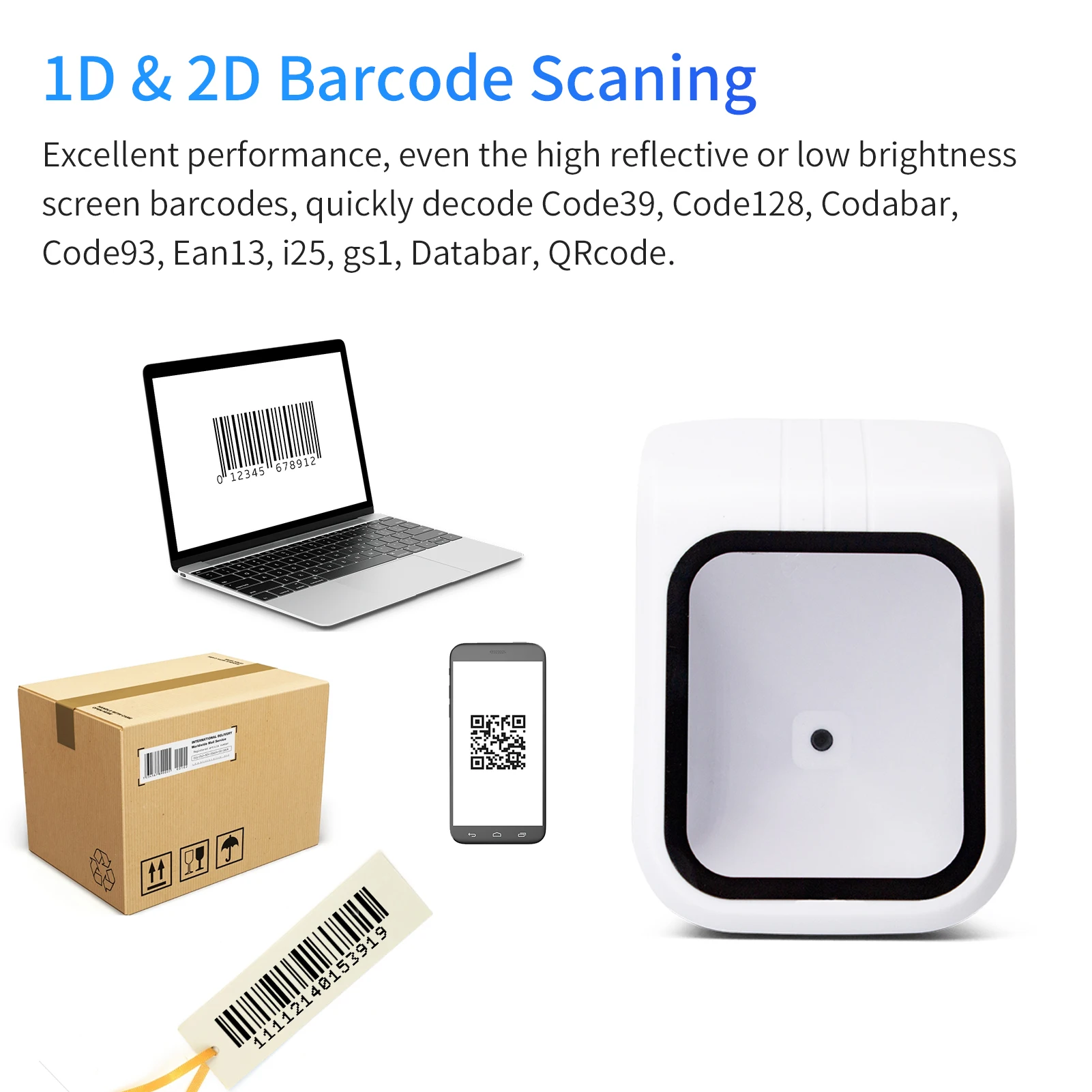 【Sale】1D 2D QR Barcode Scanner Platform with Voice Announcement Prompt USB Wired Bar Code Reader Hands-free CMOS Image Sensor