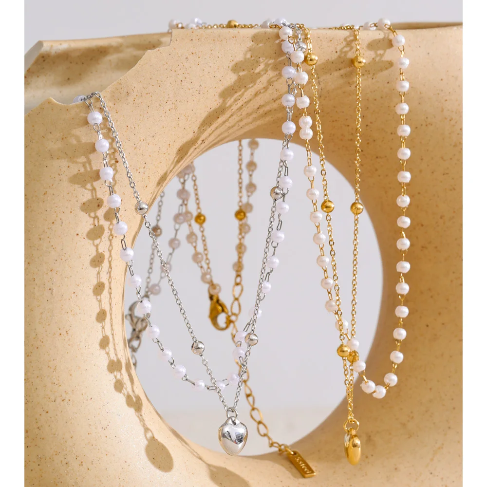 Yhpup Pearls Necklace Double Layer Chain for Women Stainless Steel
