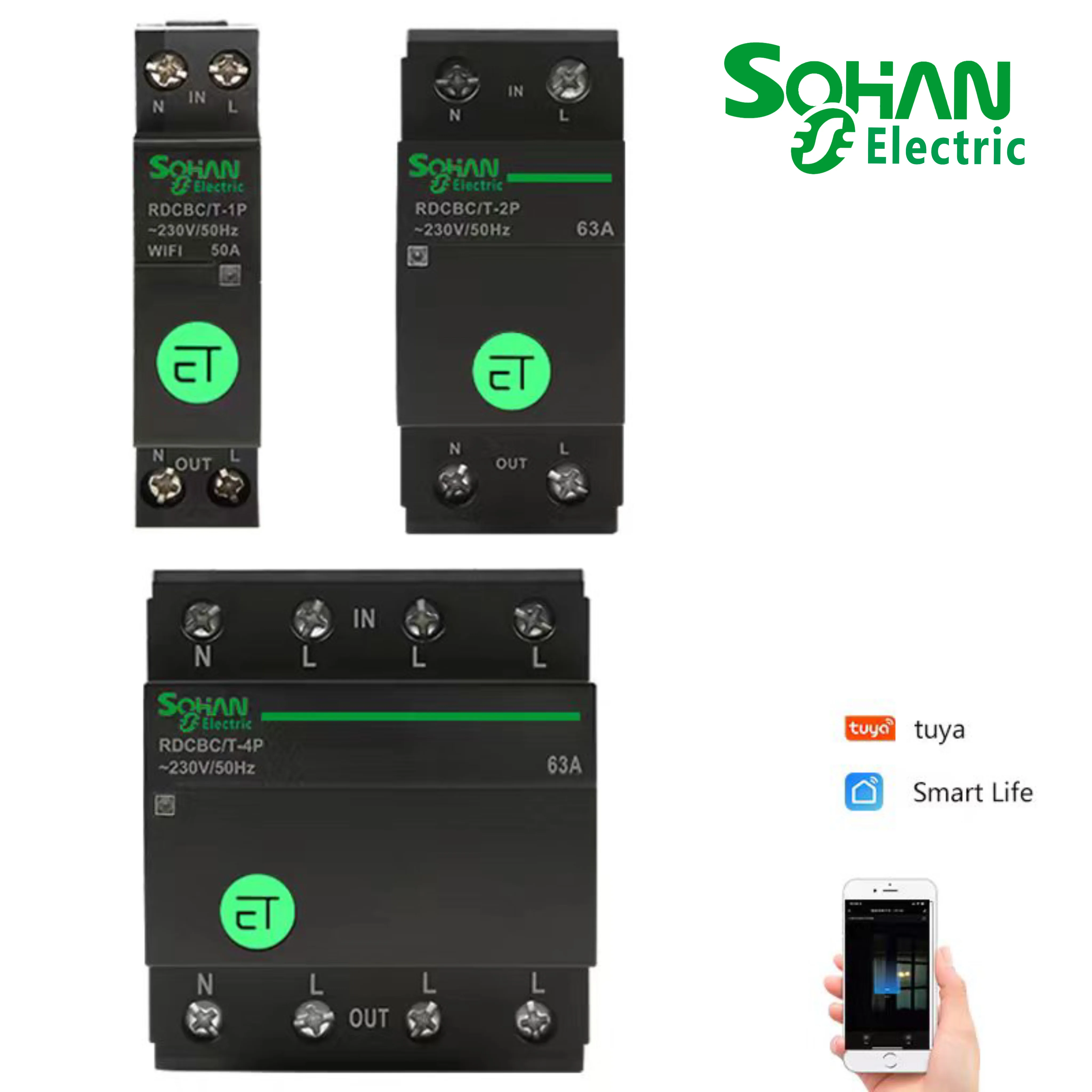 Sohan tuya 1P 2P 4P 19mm wifi circuit breaker 63A 230V Sitable for smart home