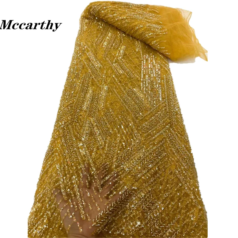 

Mccarthy 2023 Latest Gold African Handmade 3D Beaded Lace Fabric French Net Lace Fabric Embroidery Beads For Wedding Sewing